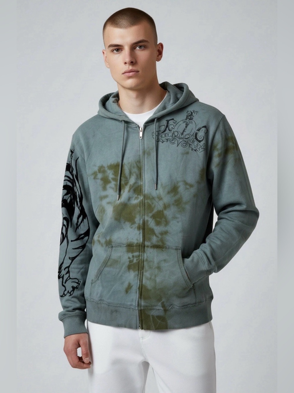 Key Closet Zip Y2K Gray Green Dye Distressed Tiger Graphic Hoodie XL Dead Stock